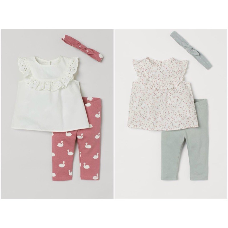 Set 3 chi tiết kèm băng đô HM cho bé gái 1-6Y (áo tay bèo, quần legging, băng đô) (có ảnh thật)