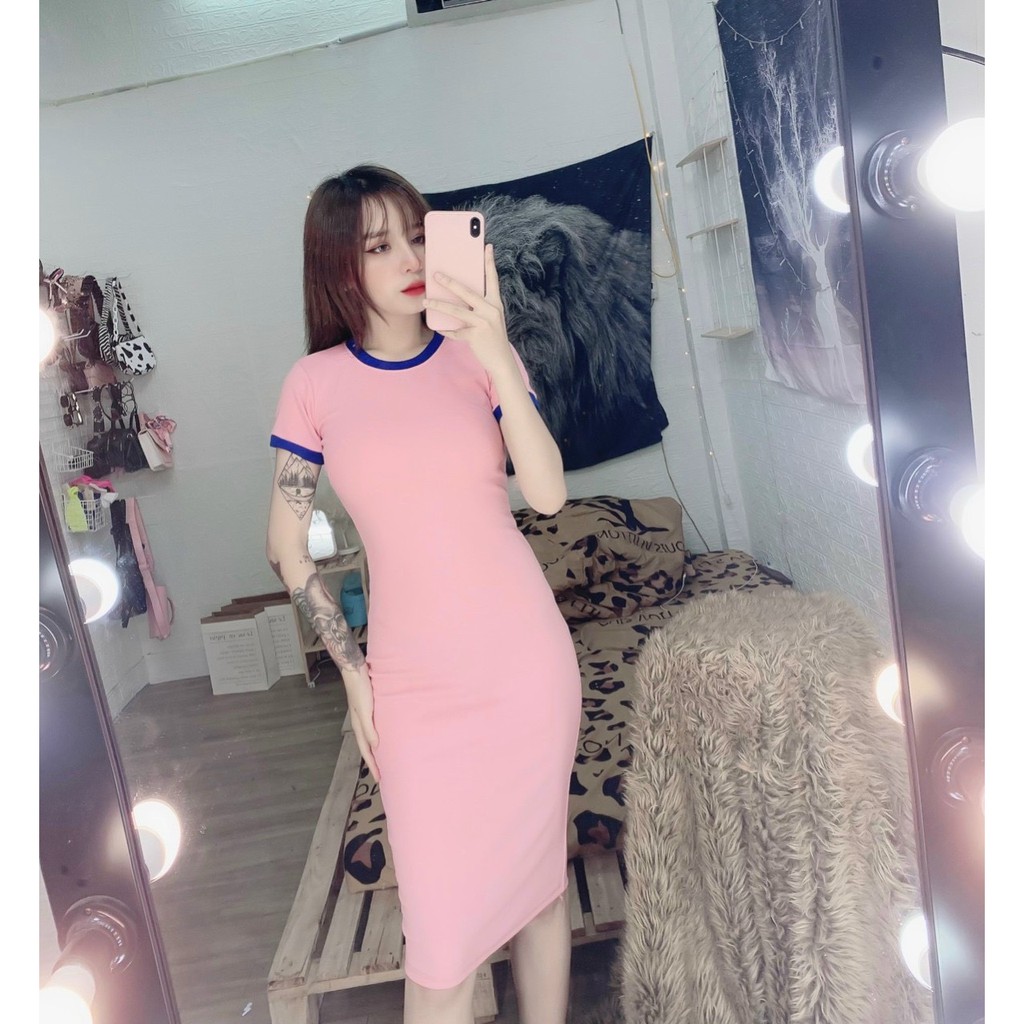 Đầm cổ tròn trơn dáng dài kiểu viền tay cổ màu xinh , chất thun bozip mềm mịn ( ảnh thật )