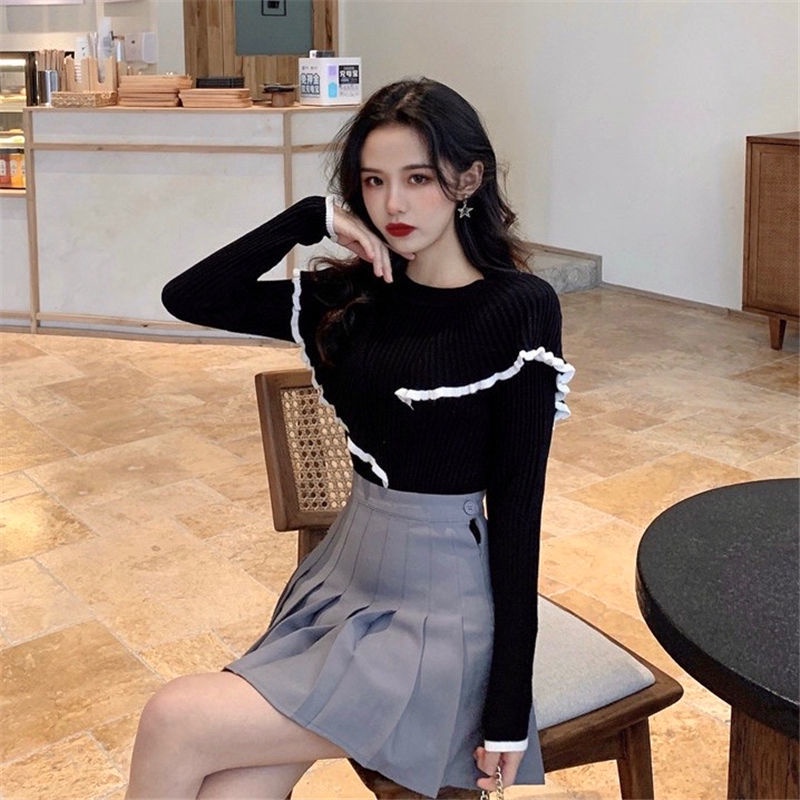 Áo crop top dệt kim tay dài cổ tròn màu trơn phong cách Hàn Quốc thời trang