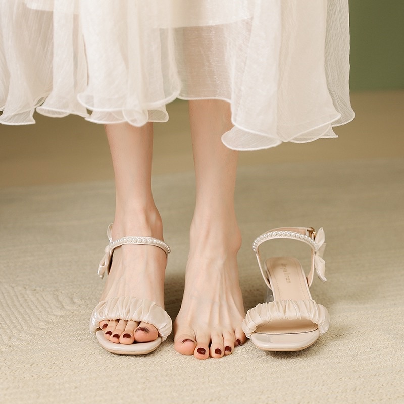 Giày cao gót nữ quai ngọc thắt nơ, giày sandal nữ gót trong quai bèo Chị Đẹp Store mã CD41