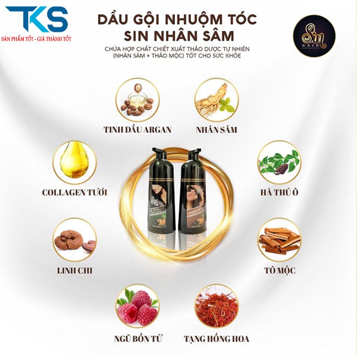 Dầu gội đầu thảo dược nhân sâm Sin Hair nhuộm tóc Đen/Nâu giúp phủ kín tóc bạc cho người già