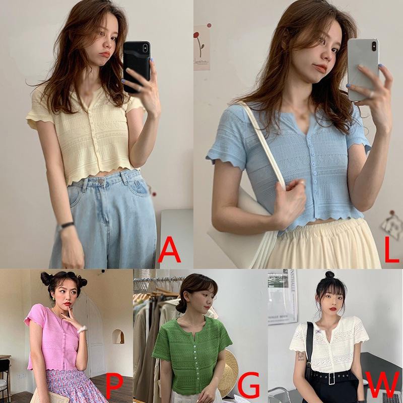 Áo croptop dệt kim tay ngắn cổ chữ v màu sắc đơn giản phong cách Hàn Quốc cho nữ