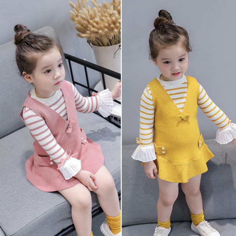 Babyme Autumn Baby Girls Stripe Print Long Flare Sleeve Fake 2 Piece Dress Kids Princess Dresses