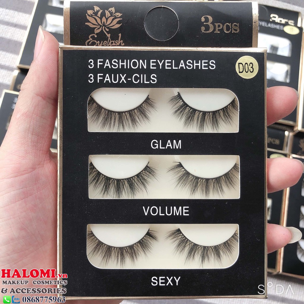 Mi giả tự nhiên 3D mi chồn 3 cặp cao cấp chính hãng HALOMI chuyên dùng cho makeup Kèm HỘP