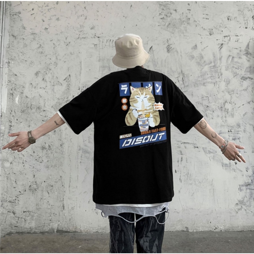 Áo Thun Tay Lỡ MÈO DISOUT Form Rộng Vải Thun Cotton Ulzzang Unisex