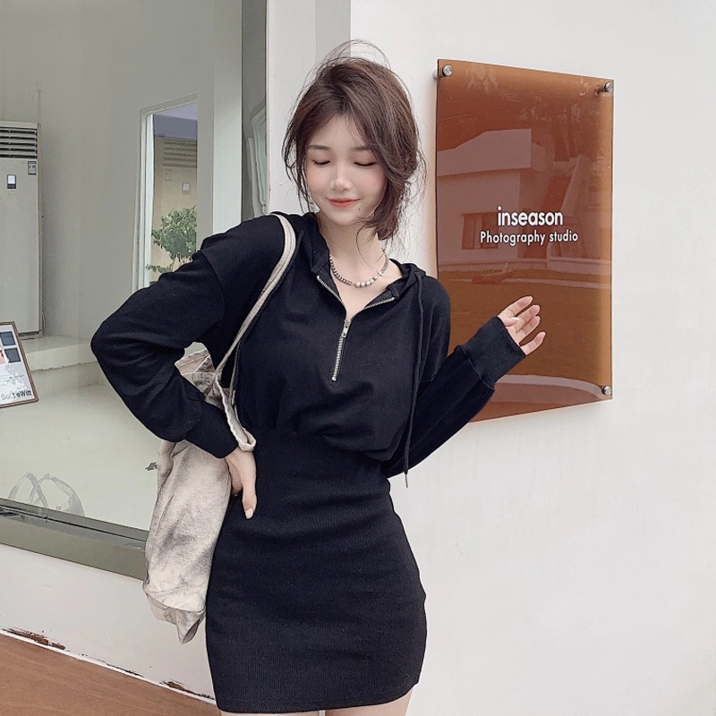 Đầm Hoodie Tay Dài Màu Sắc Đơn Giản Phong Cách Hàn Quốc