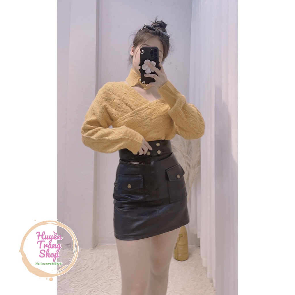 Áo len trễ vai kèm vòng cổ sang chảnh MÀU CAM