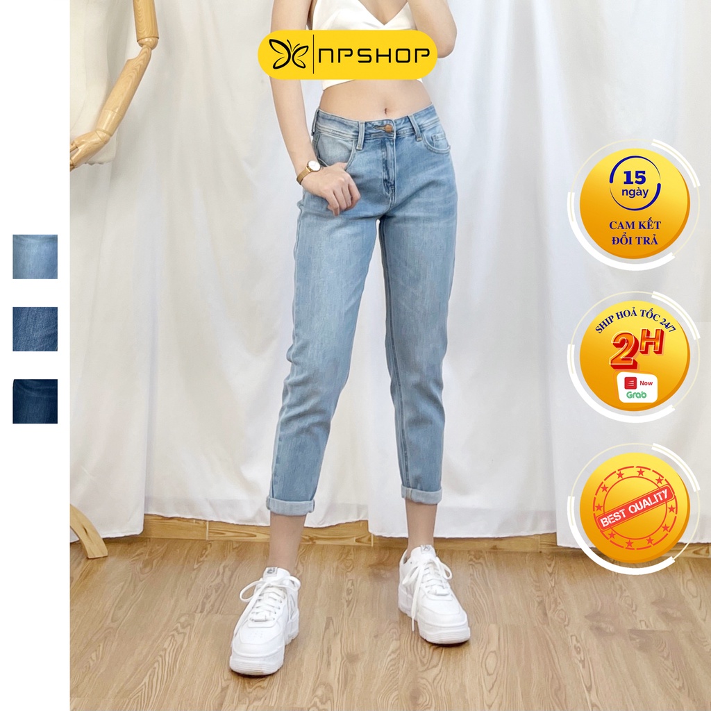 Quần baggy jean nữ 9 tấc lưng cao NPSHOP, quần bò baggy dáng lửng cạp cao basic NPQUAN030