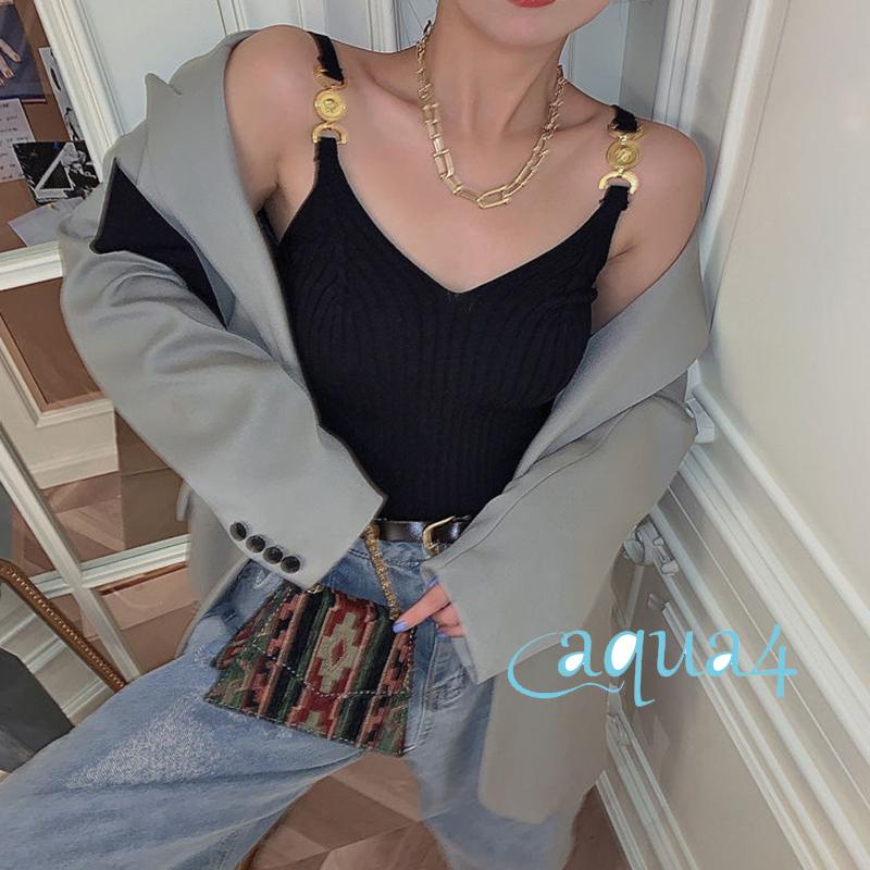 Áo Tank Top Cổ Chữ V Dệt Kim Thoáng Khí Thiết Kế Dây Xích Kim Loại Thời Trang Cho Nữ