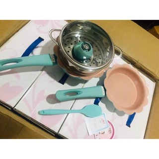 Bộ Nồi Chảo Cho Bé Ăn Dặm, Nồi Chảo Nấu Quấy Hình Hoa Cao Cấp, Men Đá Chống Dính, Kèm Xửng Hấp