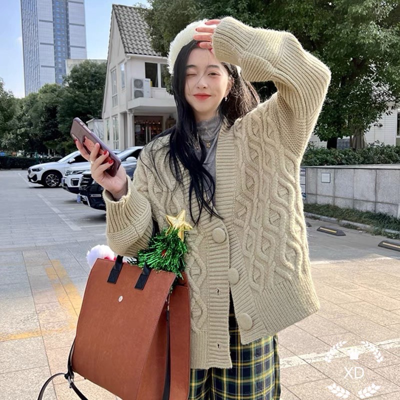 áo len cardigan nữ, áo len gân sóng tay dài phối cúc bọc dáng over size lên đúng style hàng xẻng thơ mộng