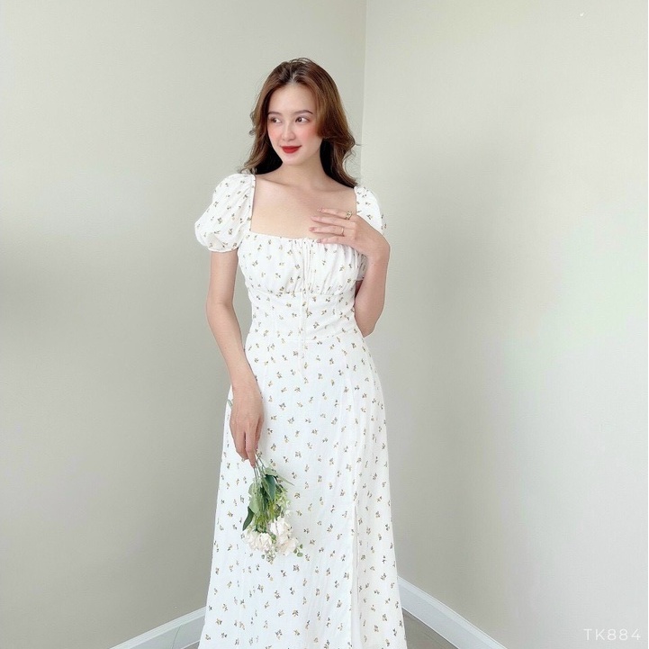 Đầm Nữ dự tiệc MiDi,váy hoa nhí cổ vuông tay bồng xẻ tà - tơ xốp mịn (full 2 lớp) hẹ nhàng sang chảnh thời trang MP