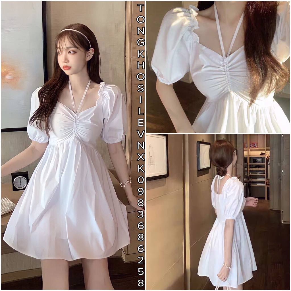 VÁY TRẮNG RÚT DÂY NGỰC VIỀN BÈO TAY CHUN - ĐẦM CỔ VUÔNG DÁNG YẾM BUỘC ULZZANG