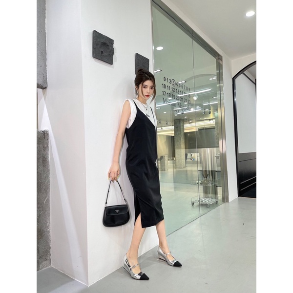 Set đầm hai mảnh thời trang hè 2022 SMFK cao cấp áo thun váy lụa satin cupro xẻ tà siêu xinh