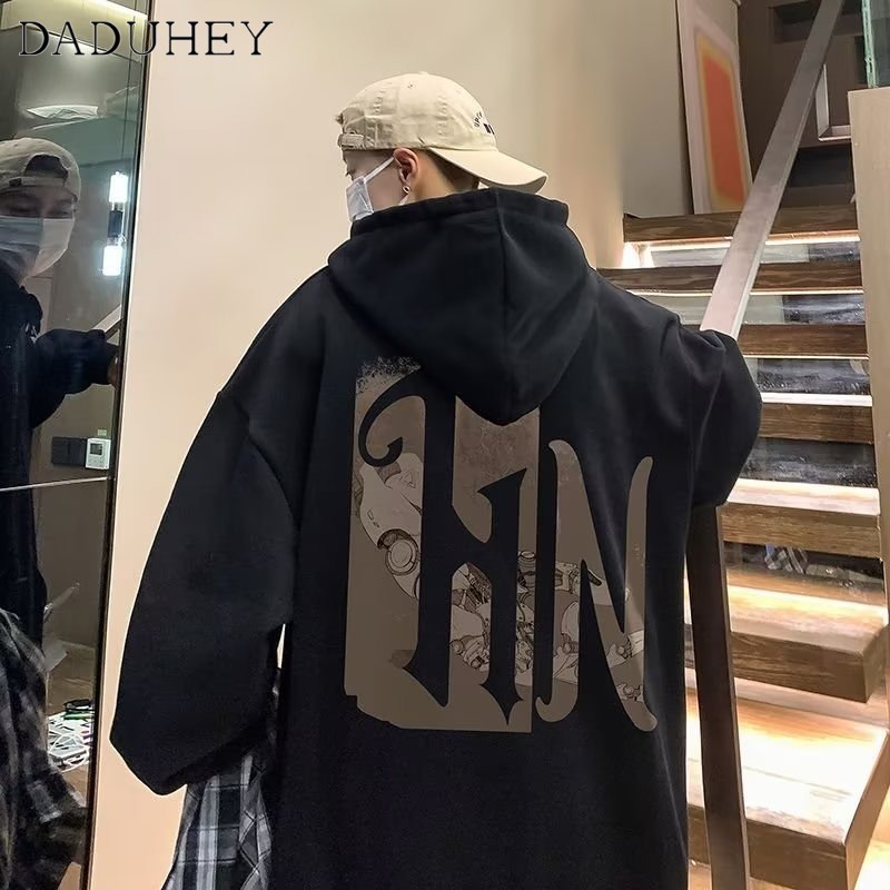 DaDuHey American Style Casual Alphabet Print Hoodie Men's and Women's Loose Trendy Autumn Versatile Couple's Long-Sleeved Top