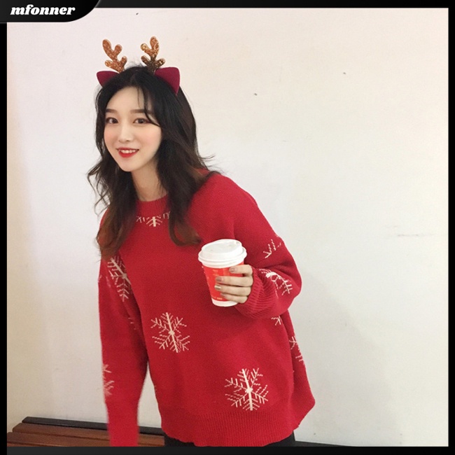 Áo Sweater Dệt Kim Tay Dài Cổ Tròn Dáng Rộng In Hoạt Hình Giáng Sinh Thời Trang Cho Nữ