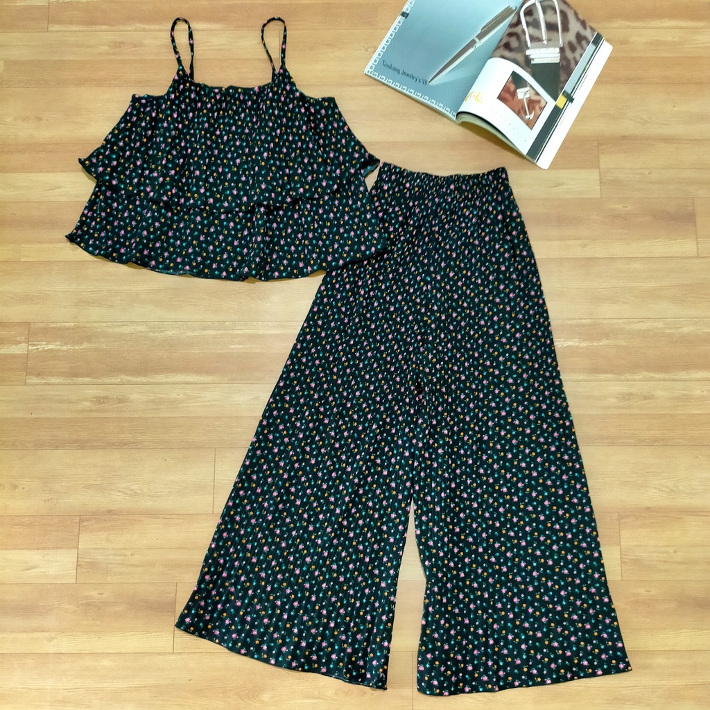 Đồ bộ nữ áo 2 dây ống suông rộng  vải lụa hoa loại 1 dập ly, mềm, mịn, mát, không nhăn
