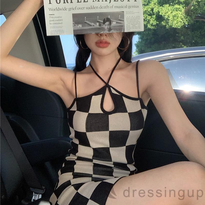 Đầm ôm mini không tay họa tiết kẻ ô dành cho nữ