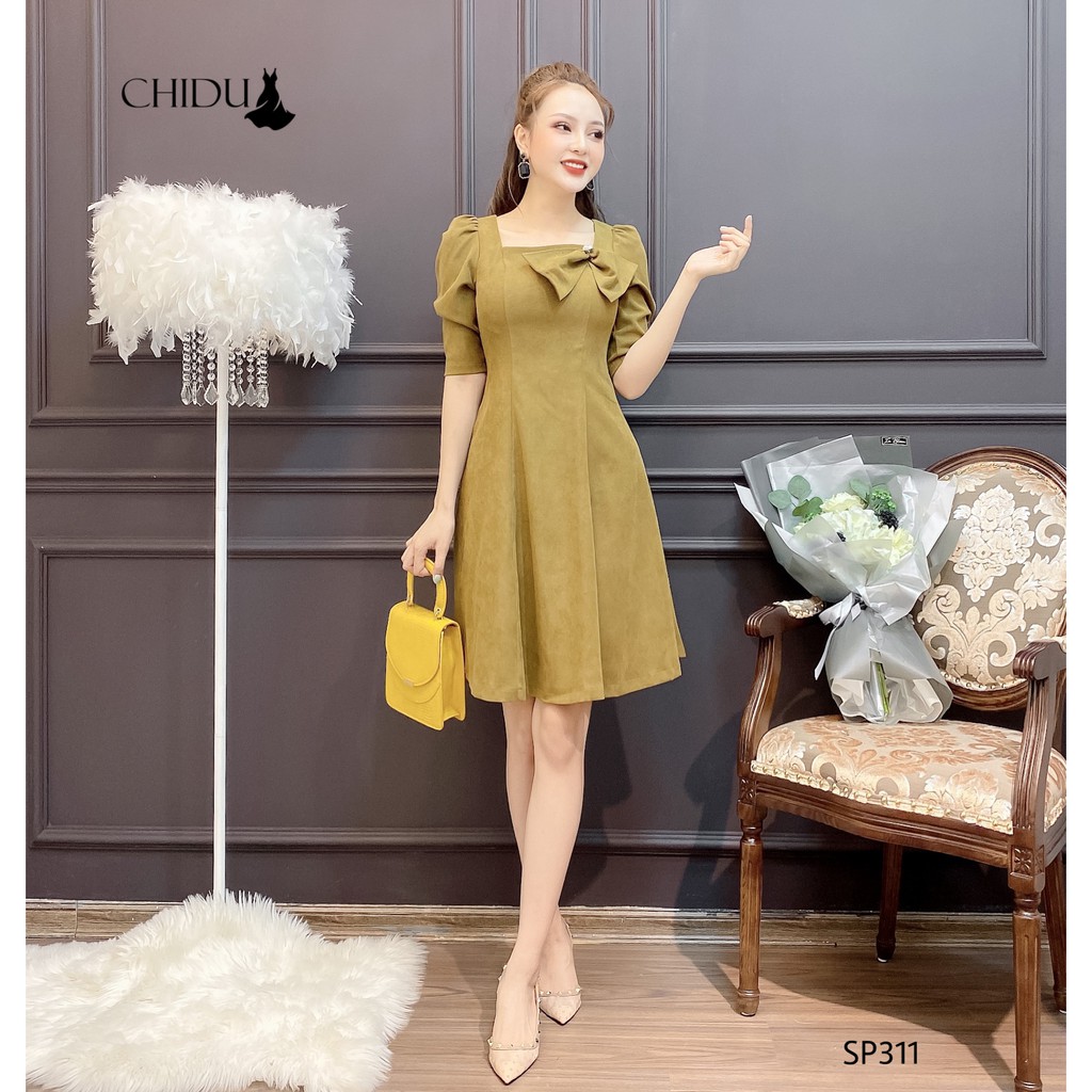 CHIDU váy nhung cổ vuông đính nơ - SP311 | BigBuy360 - bigbuy360.vn
