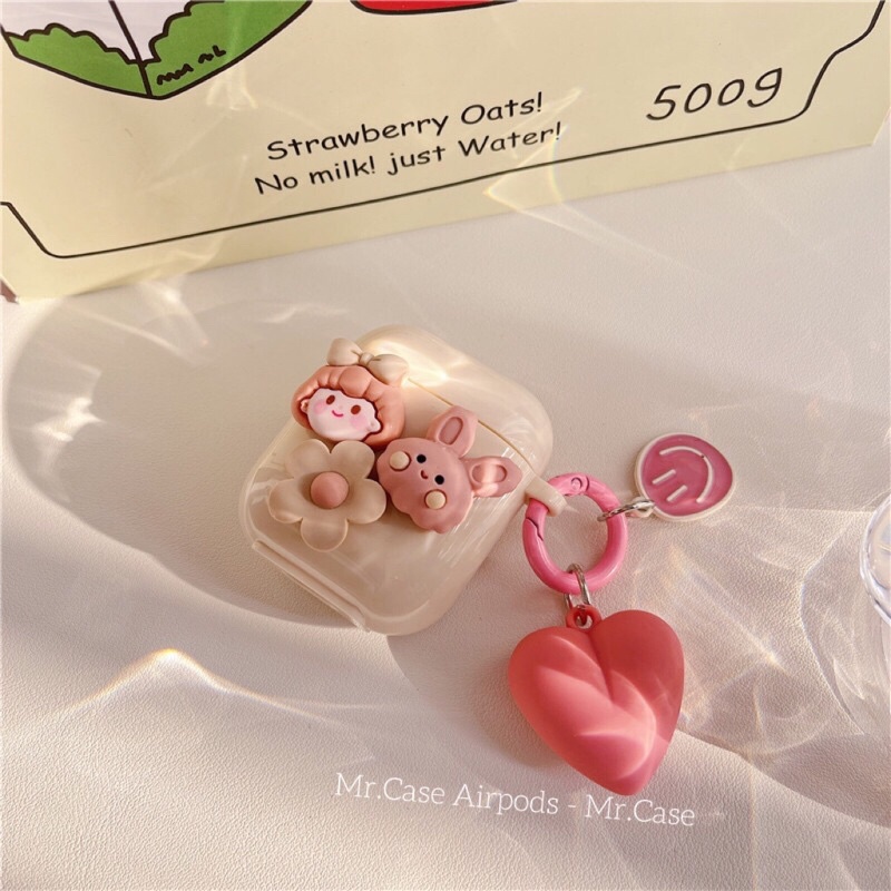 Case Airpods 1/2 /Pro Vỏ Ốp Tai Nghe Hình Nổi Ticker Dẻo Kèm Móc Khoá Tim Xinh - Mr.Case AirPods