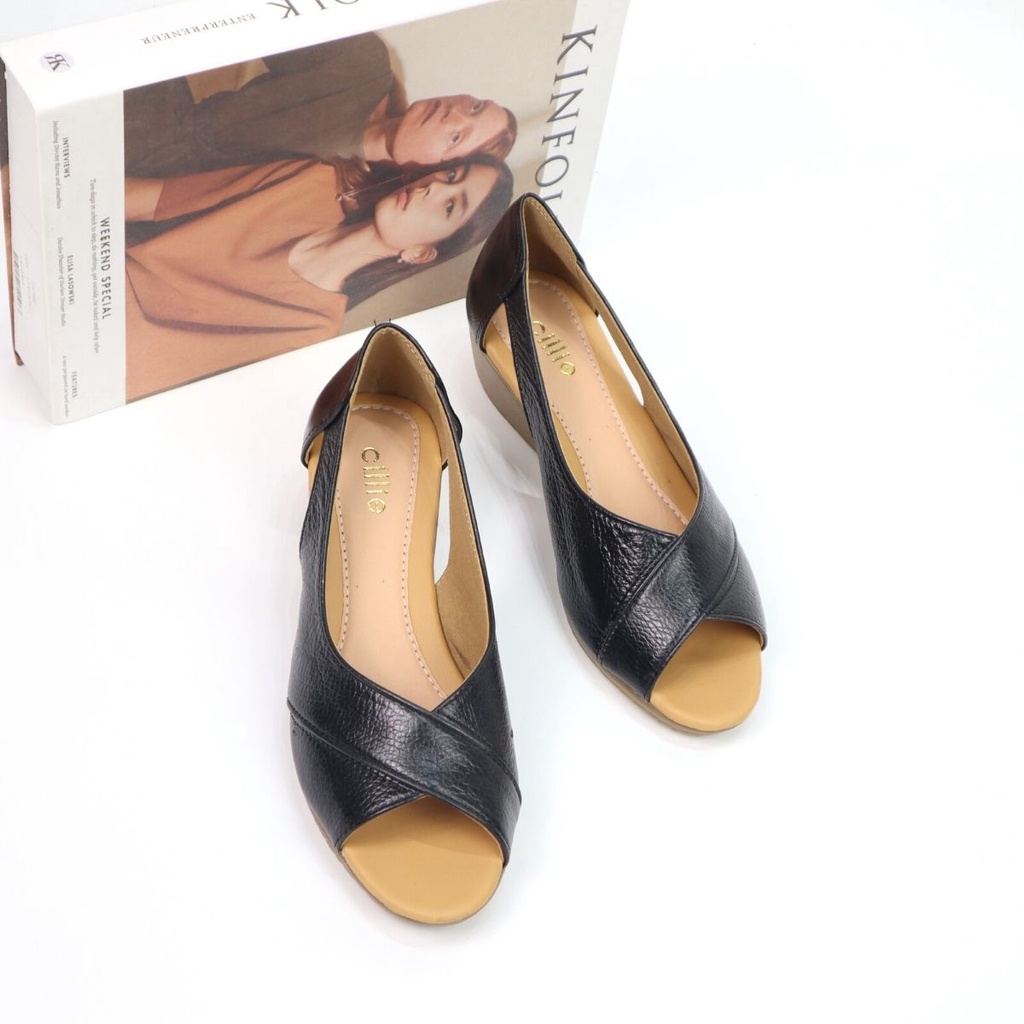 Giày đế xuồng da thật hở mũi êm chân mang công sở đi làm cao 5cm Cillie 1192