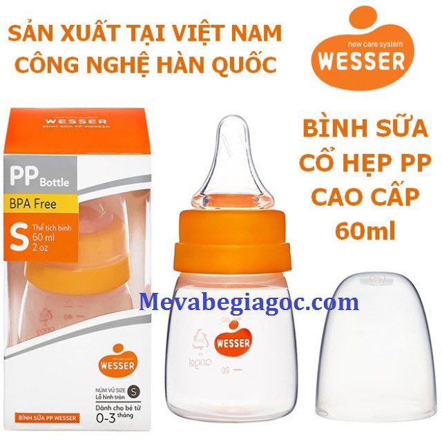 (MẪU MỚI) Bình Sữa Cổ Hẹp PP Kháng Khuẩn 60ML - WESSER (Made in Vietnam) (Công nghệ Hàn Quốc)