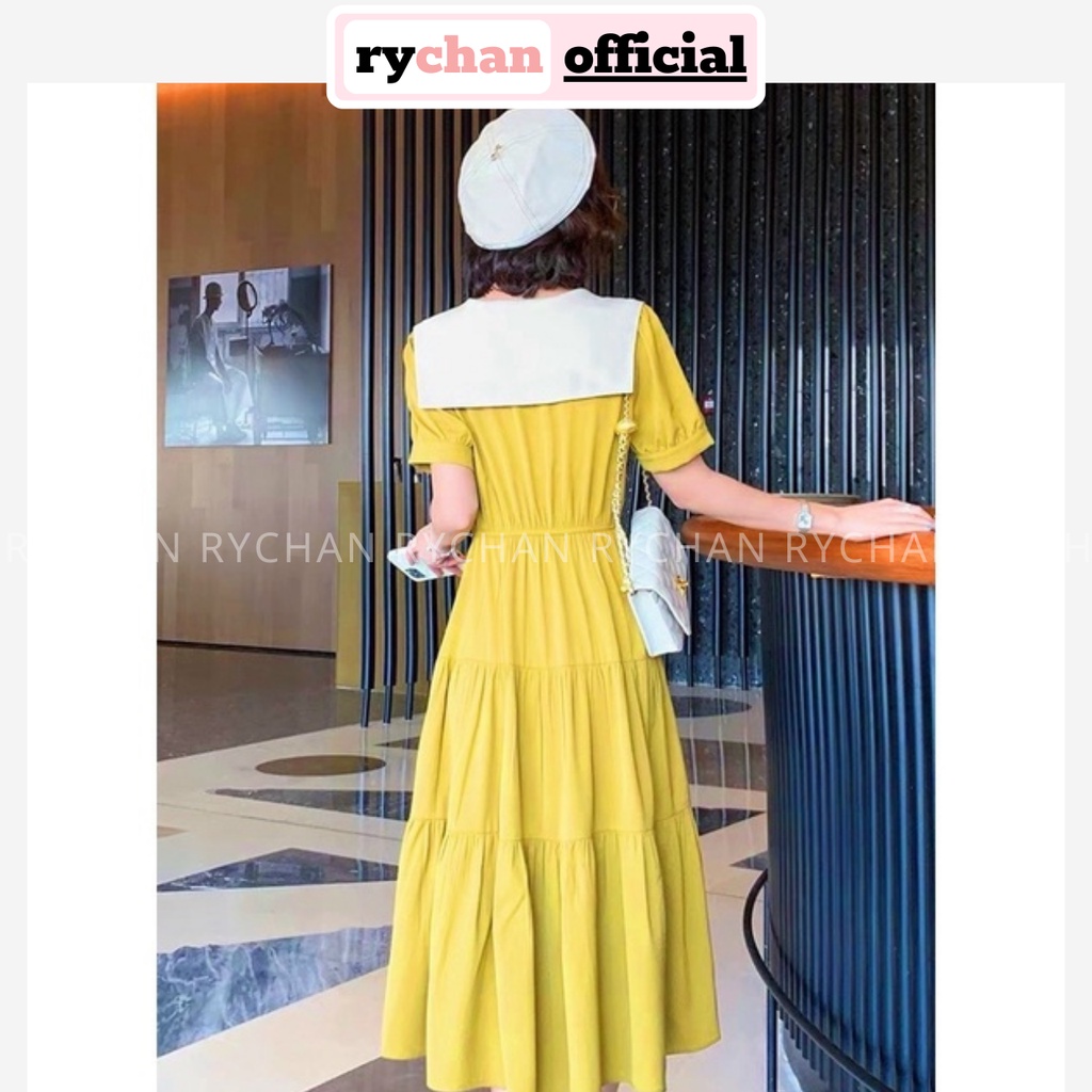 Đầm Váy Nữ Dự Tiệc Dáng Dài 3 Tầng Cổ Trắng Thắt Nơ Bo Eo Phong Cách Quý Cô Màu Vàng - DX9848