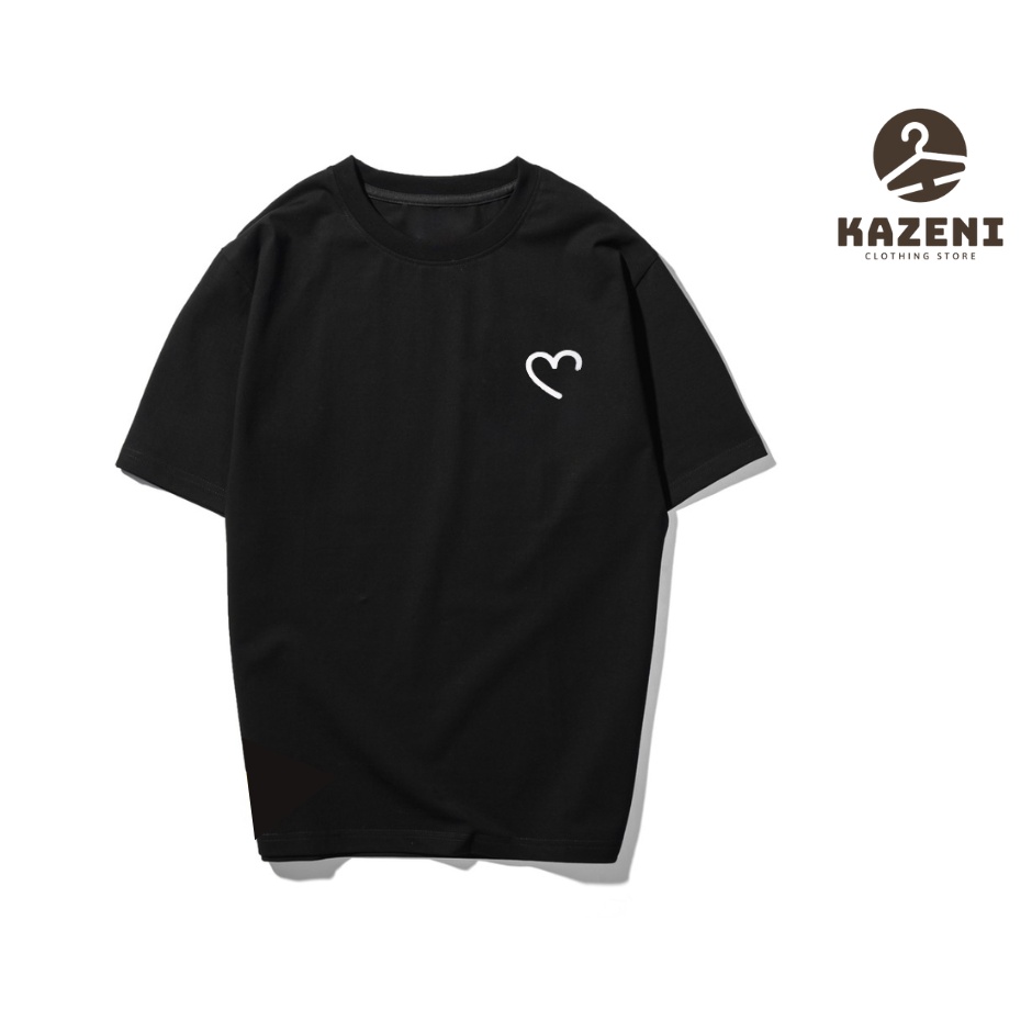 Áo phông unisex tay lỡ đen cổ tròn form rộng nam nữ hoạ tiết trái tim Kazeni