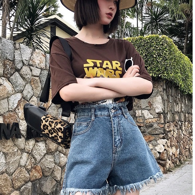 Quần Short Denim Ống Rộng Lưng Cao Thời Trang Hàn Quốc Dành Cho Nữ