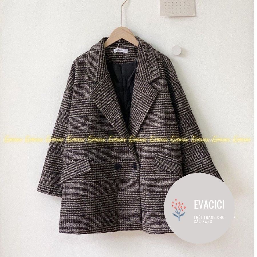 Áo khoác dạ nữ 2 lớp dày dặn from rộng hàn quốc cổ vest 1 khuy HOTHIT nâu đen