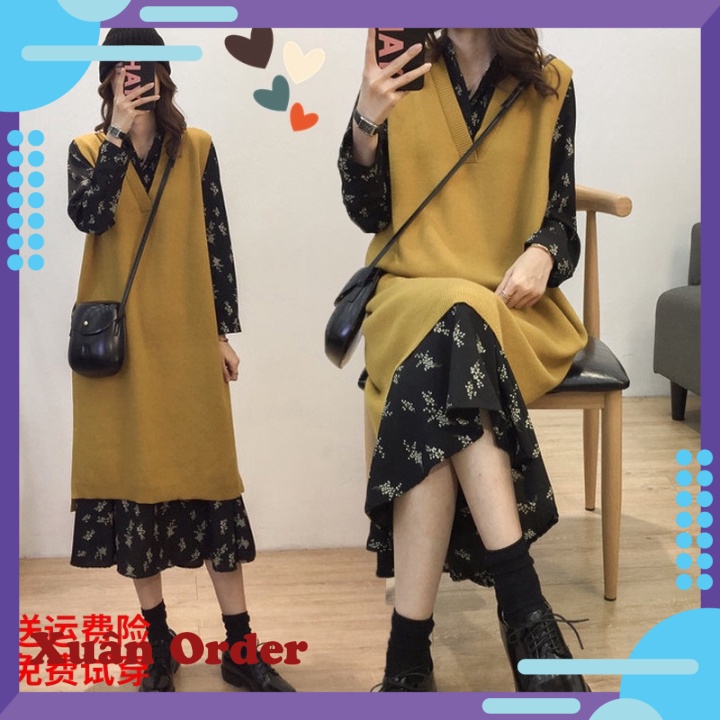 (Order 7-12 ngày, bigsize) váy voan hoa hai mảnh ngọt ngào mùa thu đông 2021 phong cách mới áo len dệt kim phương tây ph