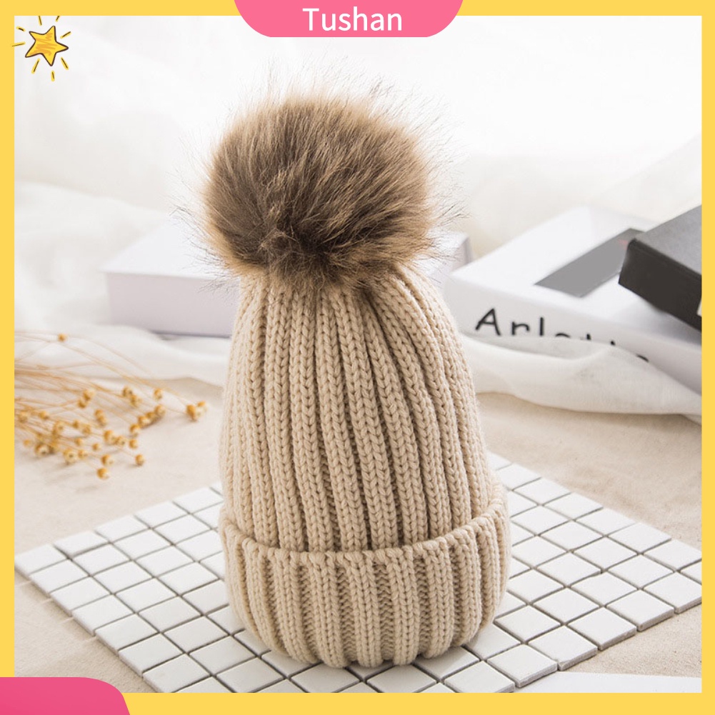 Mũ Beanie Dệt Kim Màu Trơn Đính Quả Cầu Lông Xinh Xắn