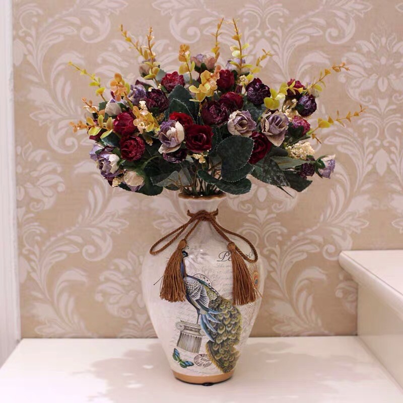 Bình tròn cắm lông công trắng, bình cắm hoa cao 24cm