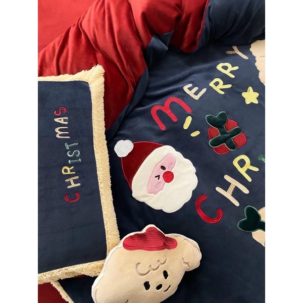 Bộ chăn ga gối nỉ nhung cao cấp Santa Claus Merry Christmas tặng kèm gối trang trí