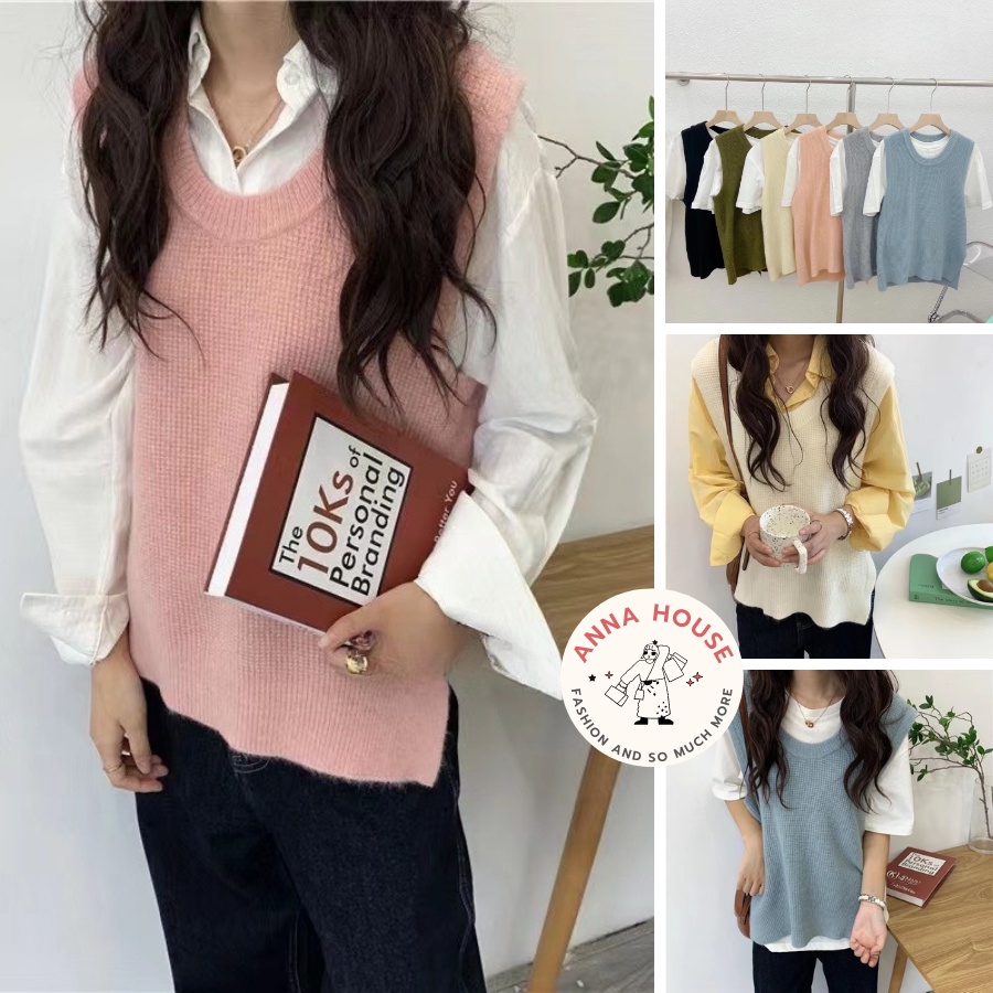 Áo gile nữ chất len cổ tròn xẻ vạt nhiều màu hàng Quảng Châu, áo gile len màu trơn basic Vintage Phong Cách Hàn Quốc