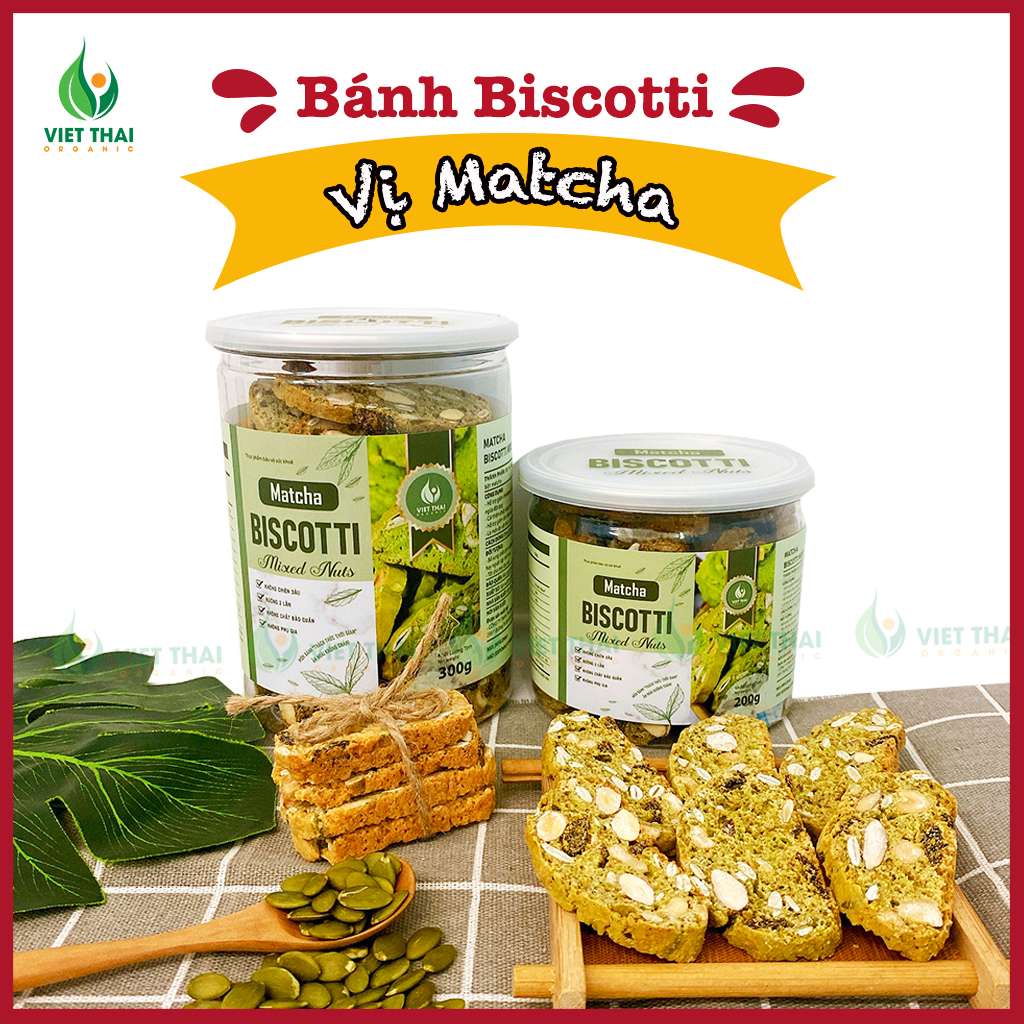 Bánh Biscotti Matcha ăn kiêng, giảm cân heathly 100% nguyên cám, siêu hạt ăn sáng dinh dưỡng Việt Thái Organic