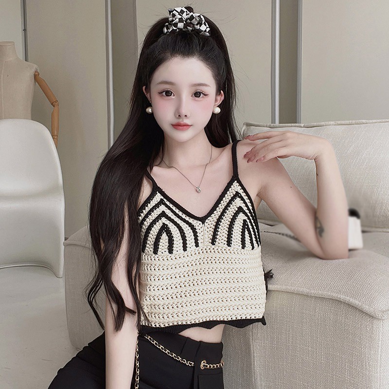 Áo Croptop Dệt Kim Không Tay Cổ Chữ V Màu Sắc Tương Phản Thời Trang Mùa Hè Dành Cho Nữ
