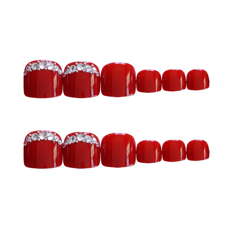 Set 24 móng chân giả màu đỏ đính đá trẻ đẹp JOJO J93 kèm keo gắn, tặng dũa tự làm tại nhà