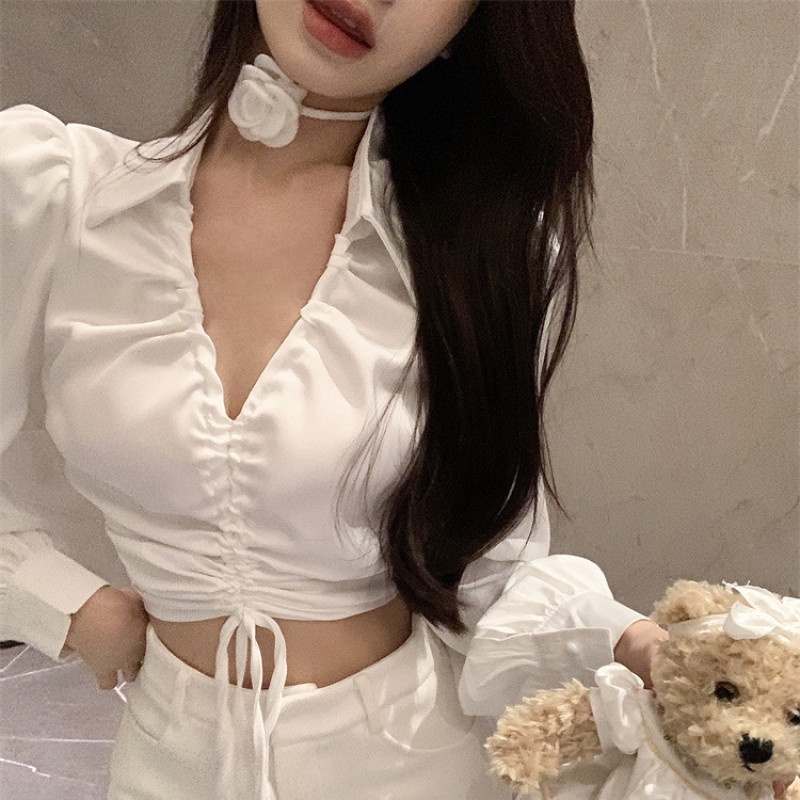 Áo Sơ Mi Chiffon Tay Dài Cổ V Phối Dây Rút Thời Trang Dành Cho Nữ