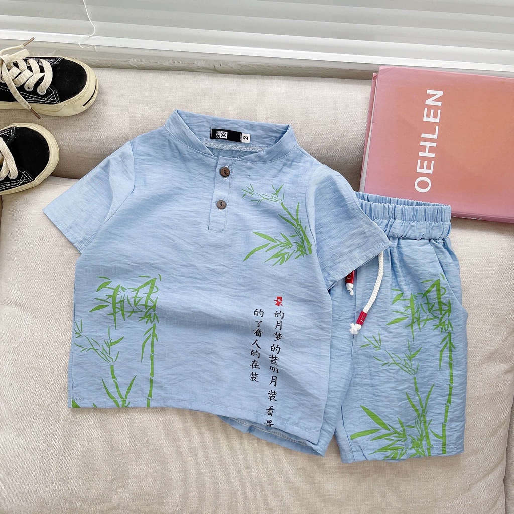 Bộ đồ bé trai cộc tay vải đũi in hình cây tre quần đùi cho trẻ mặc đi chơi SUMO KIDS Quần áo trẻ em