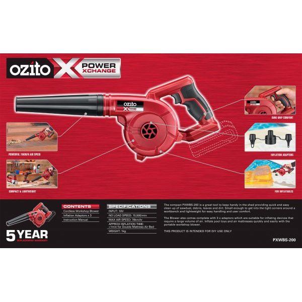 MÁY THỔI BỤI DÙNG PIN 18V POWER X OZITO PXWBS-200 MỚI 100% CHÍNH HÃNG NHẬP KHẨU ÚC
