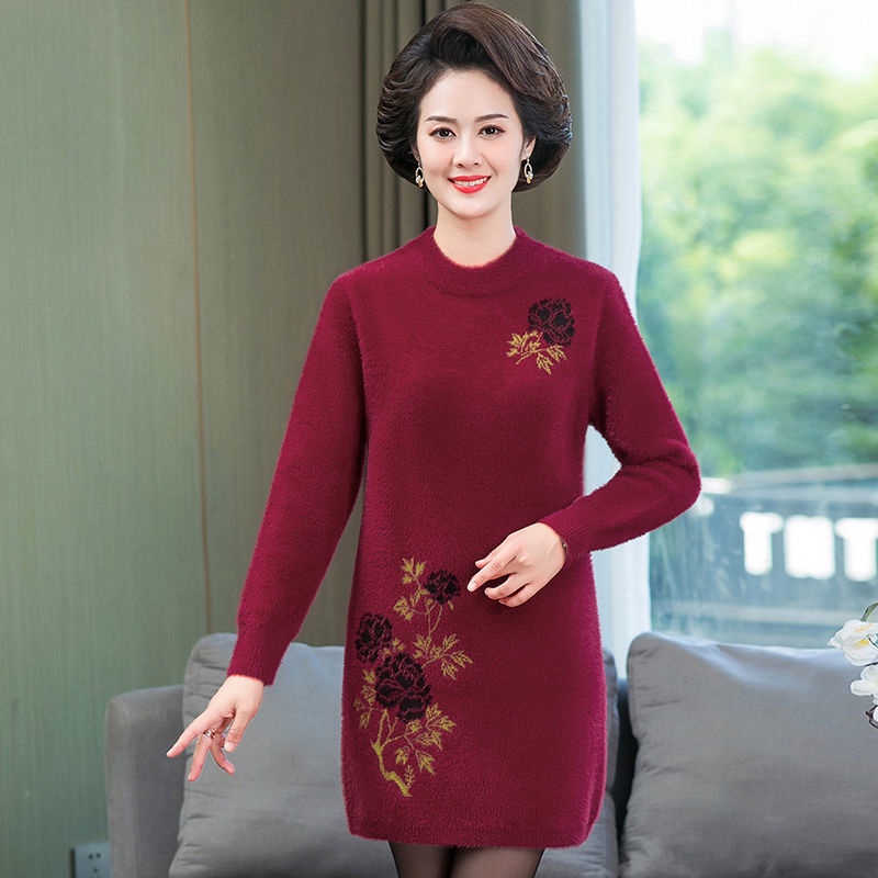 Chồn lông cừu áo len trung niên và cao tuổi cao cấp váy len dày của phụ nữ mùa đông mới đáy áo sơ mi