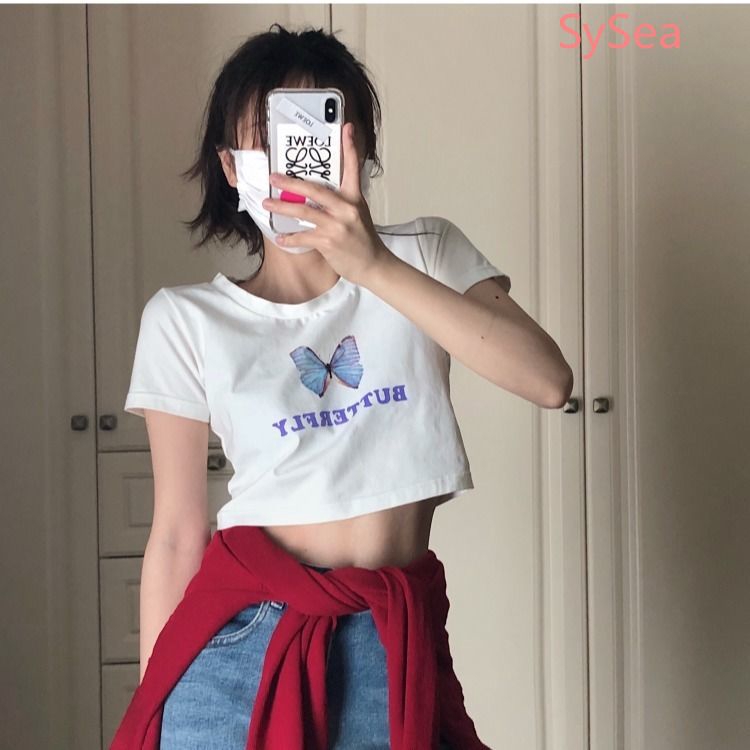 Áo Thun Nữ Tay Ngắn In Hình Bướm Phong Cách Hàn Quốc