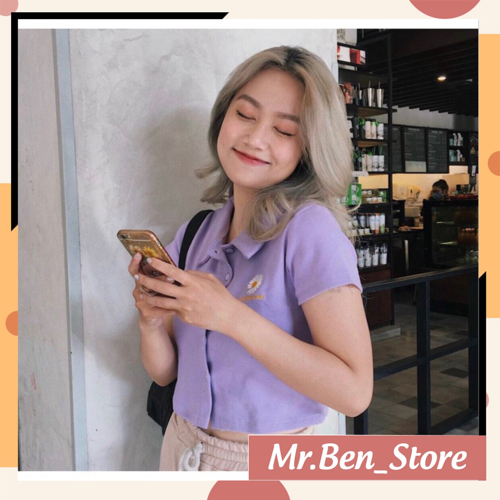 Áo croptop polo thêu hoa cúc CT15, áo croptop cài cúc, cộc tay ôm dáng siêu xinh nhiều màu sắc