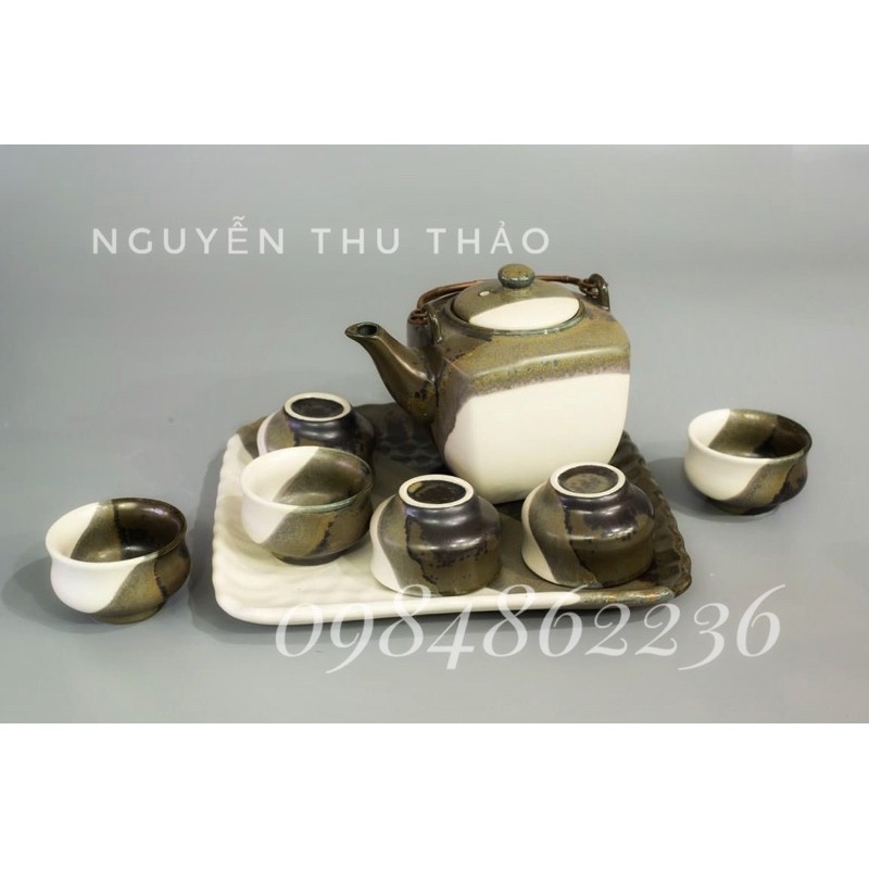 Bộ ấm chén men hoả biến dáng ấm vuông Bát Tràng - Bộ trà cao cấp