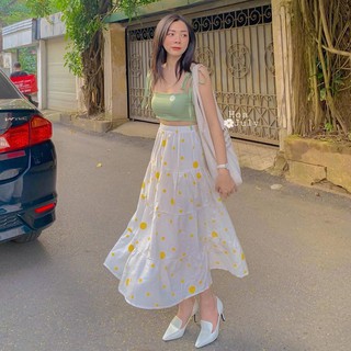 SET ÁO CROPTOP 2 DÂY HOA CÚC XANH THẮT NƠ MIX CHÂN VÁY DÀI CHẤM BI TRẮNG VINTAGE - ÁO BRA DAISY + CHÂN VÁY BI