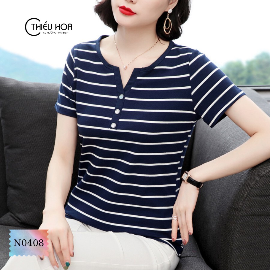 Áo thun hoạ tiết sọc ngang chất liệu cotton mềm mịn mát mẻ THIỀU HOA  AN1N0408