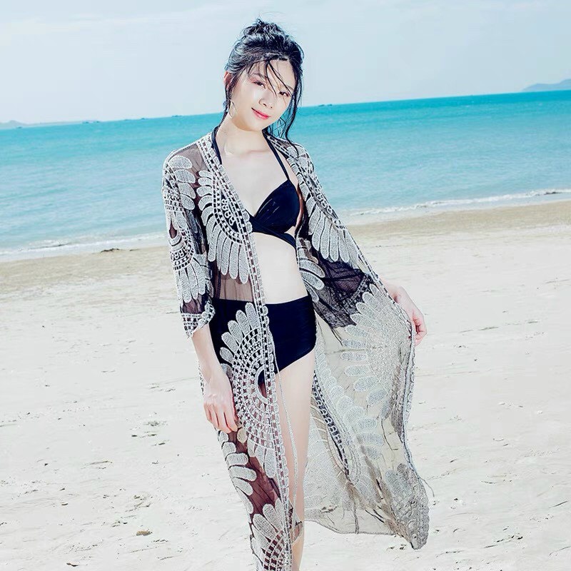 Áo kimono đi biển áo choàng đi biển dài hoa cúc