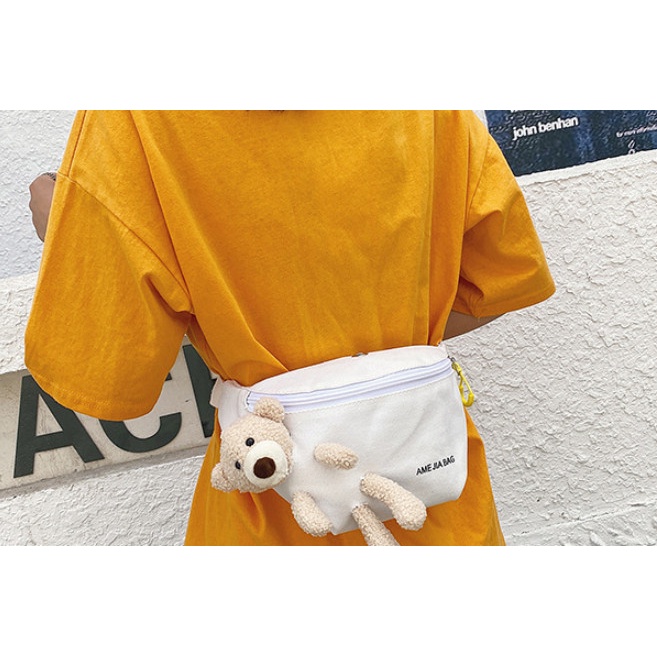 Túi đeo chéo, túi bao tử gắn gấu bông đáng yêu nhiều màu dễ phối đồ thời trang nam nữ Hàn Quốc đi học đi chơi