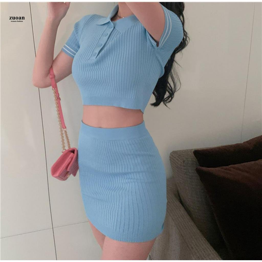 SUXI Bộ Áo Dệt Kim Kẻ Sọc + Chân Váy Lưng Cao Thời Trang Mùa Hè Cho Nữ